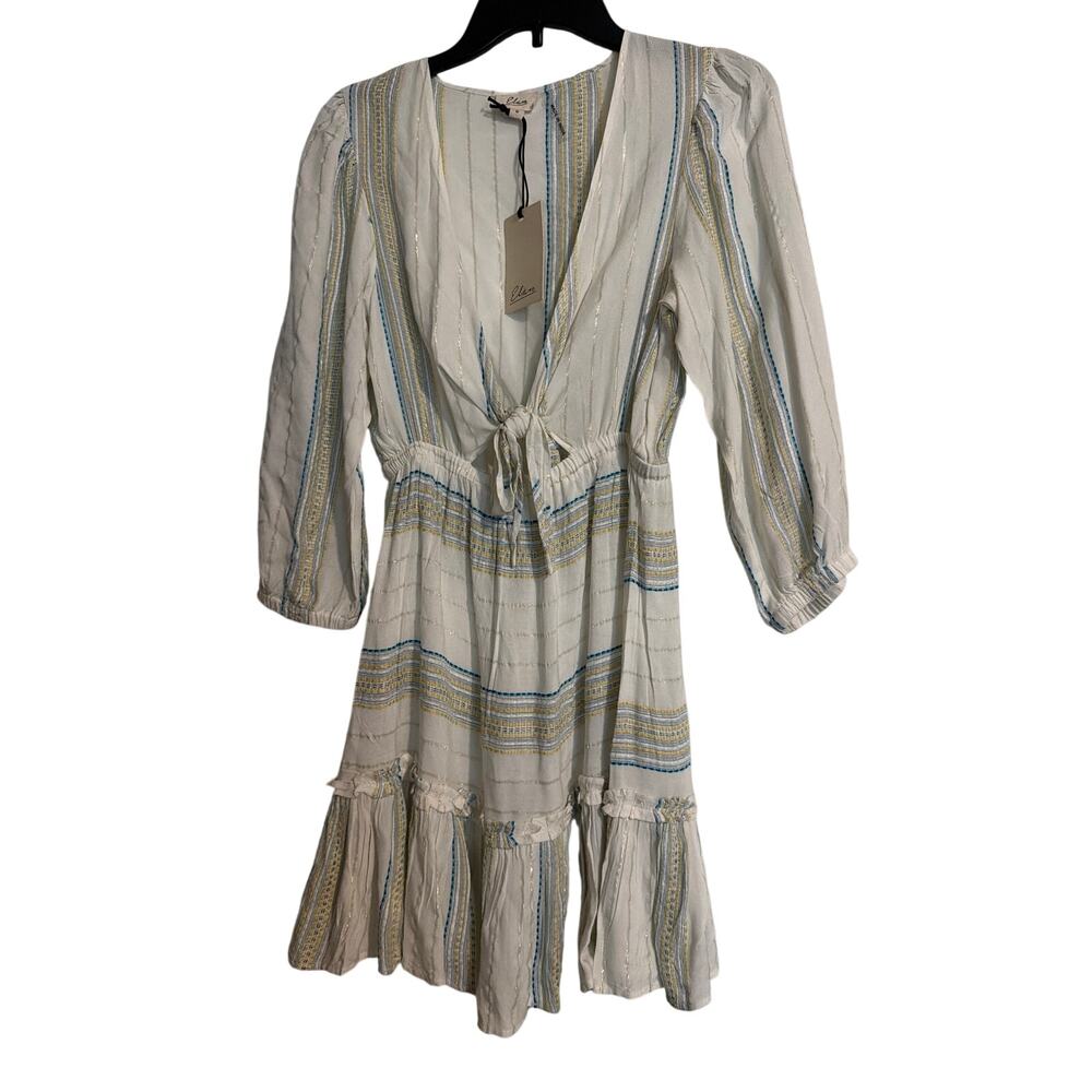NWT Elan Boho Striped Mini Dress White Blue Metallic Lurex Deep V-Neck Tie Small